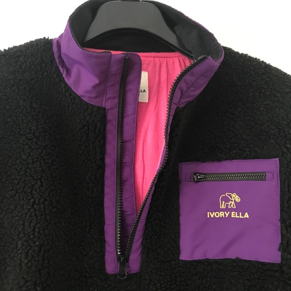 Ivory Ella Black Sherpa Teddy Fleece 1/3 Zip Purple Trim Accents - Picture 7 of 15